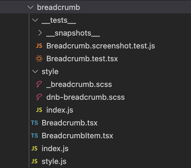 Folder structure with tests, style, TypeScript files and index files